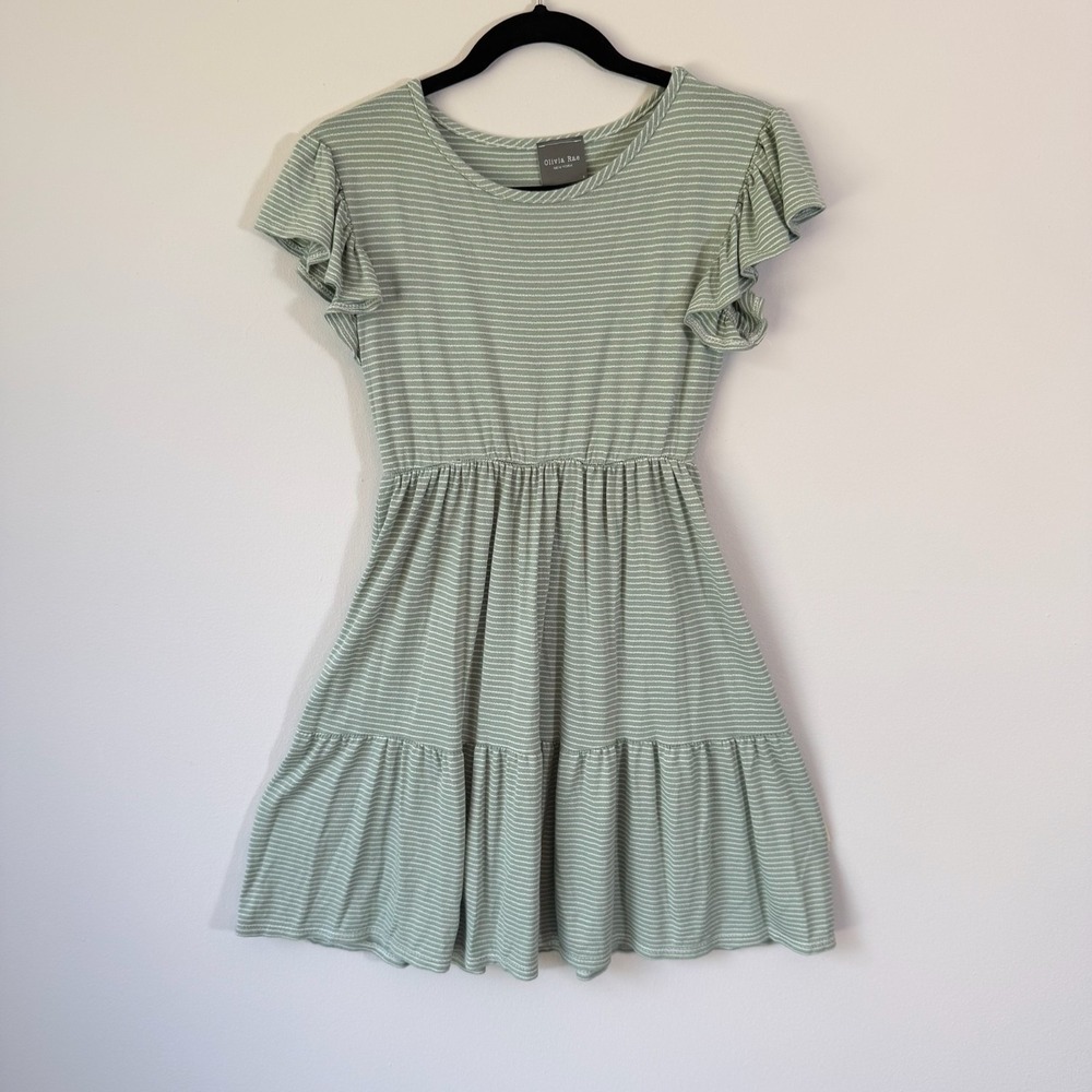 Olivia Rae Sage Green Striped Tiered Dress Small Ruffle Sleeve Cottagecore‎ Boho